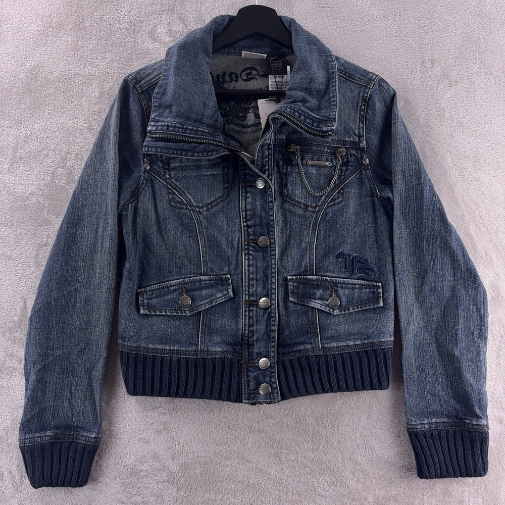Harley Davidson Denim Jacket Womens Size Medium Blue Cropped Moto Biker Vintage